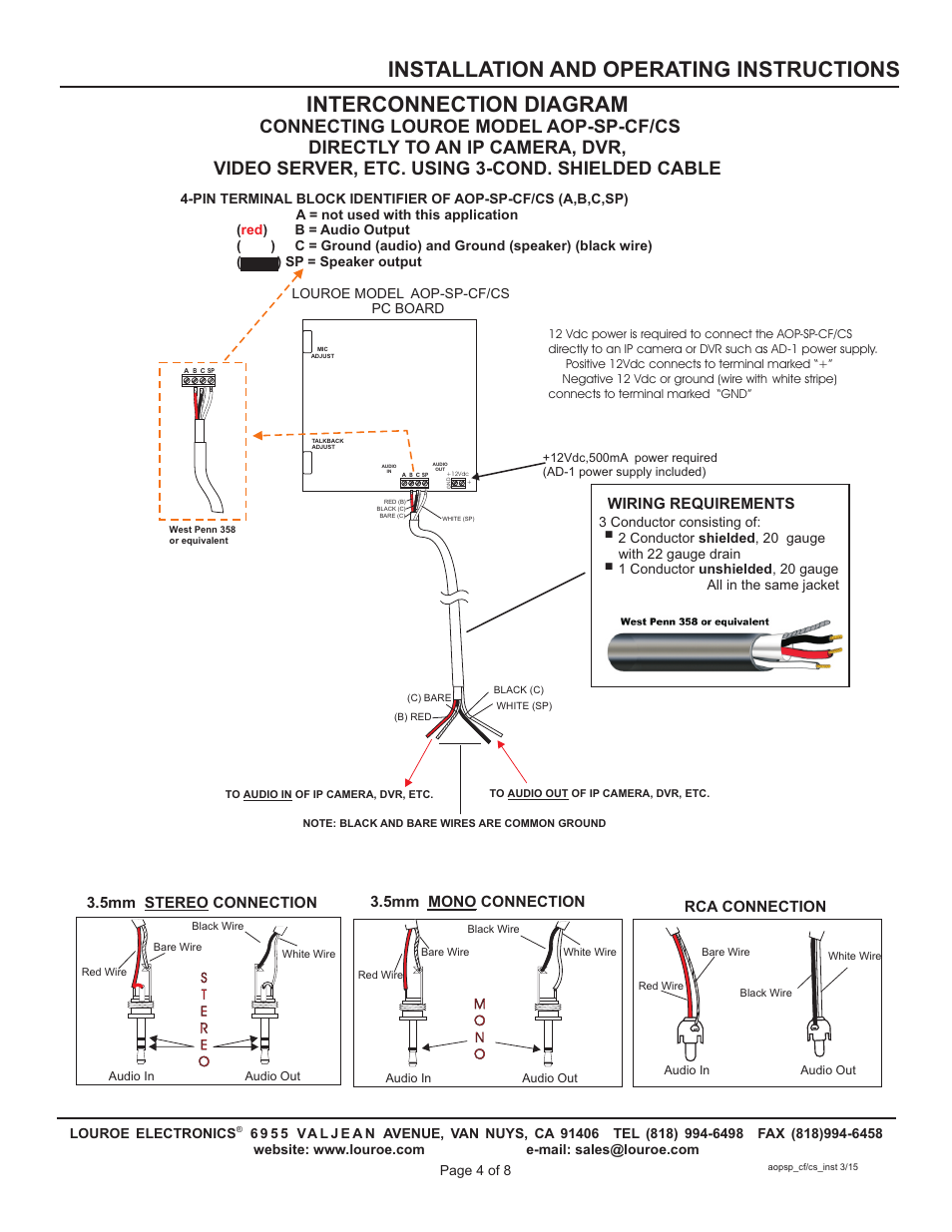 Interconnection diagram, Installation and operating instructions, Wiring requirements | Louroe Electronics AOP-SP-CF User Manual | Page 3 / 8