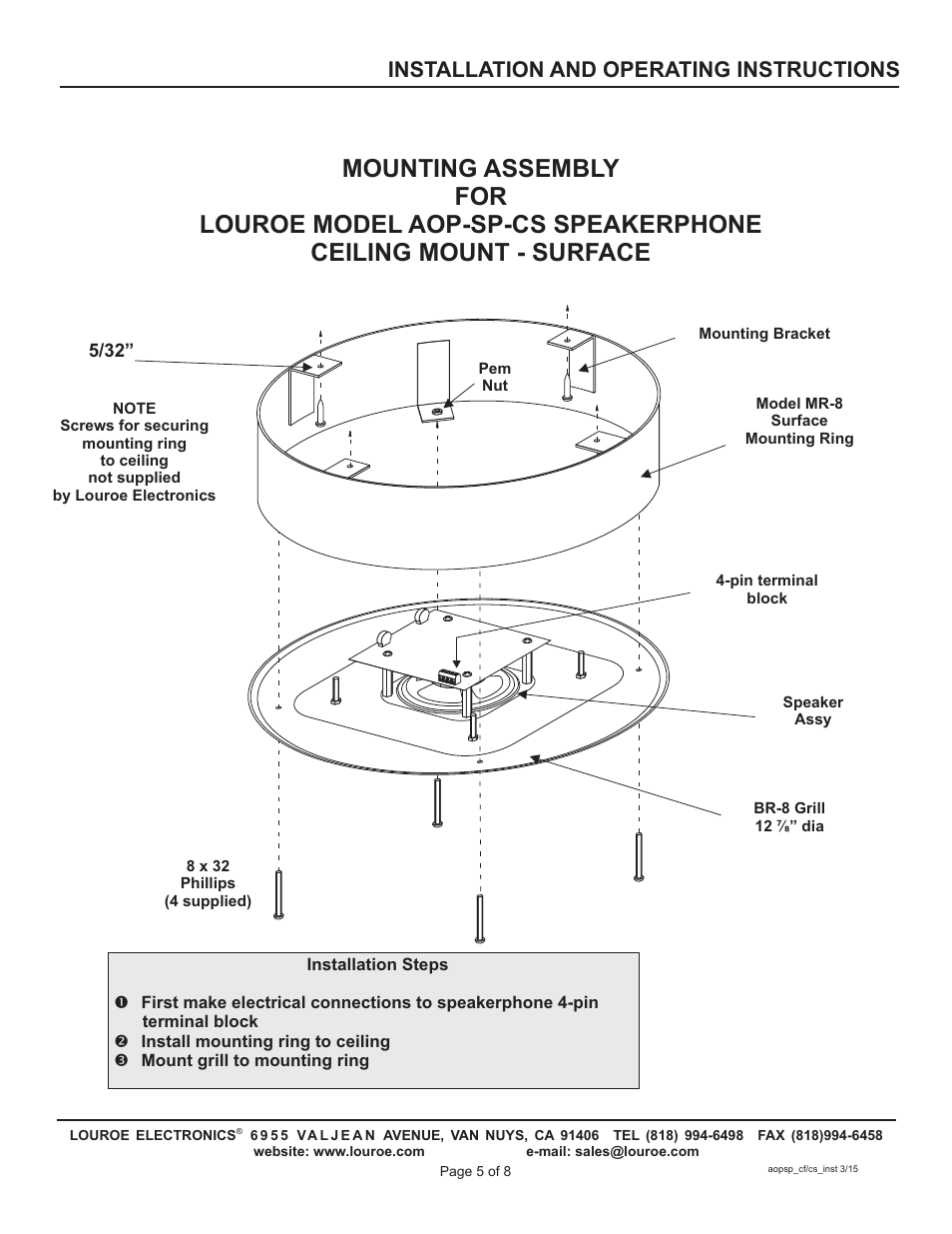 Installation and operating instructions | Louroe Electronics AOP-SP-CF User Manual | Page 4 / 8