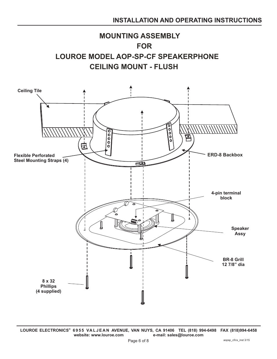 Installation and operating instructions | Louroe Electronics AOP-SP-CF User Manual | Page 5 / 8
