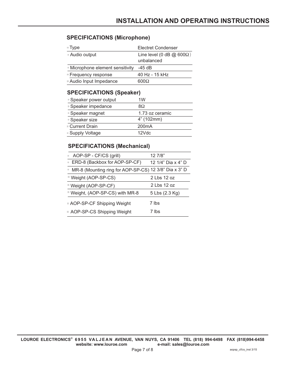 Installation and operating instructions | Louroe Electronics AOP-SP-CF User Manual | Page 6 / 8