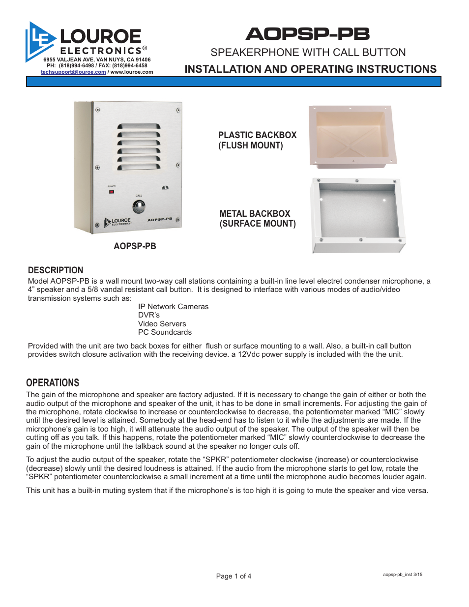 Louroe Electronics AOPSP-PB User Manual | 4 pages