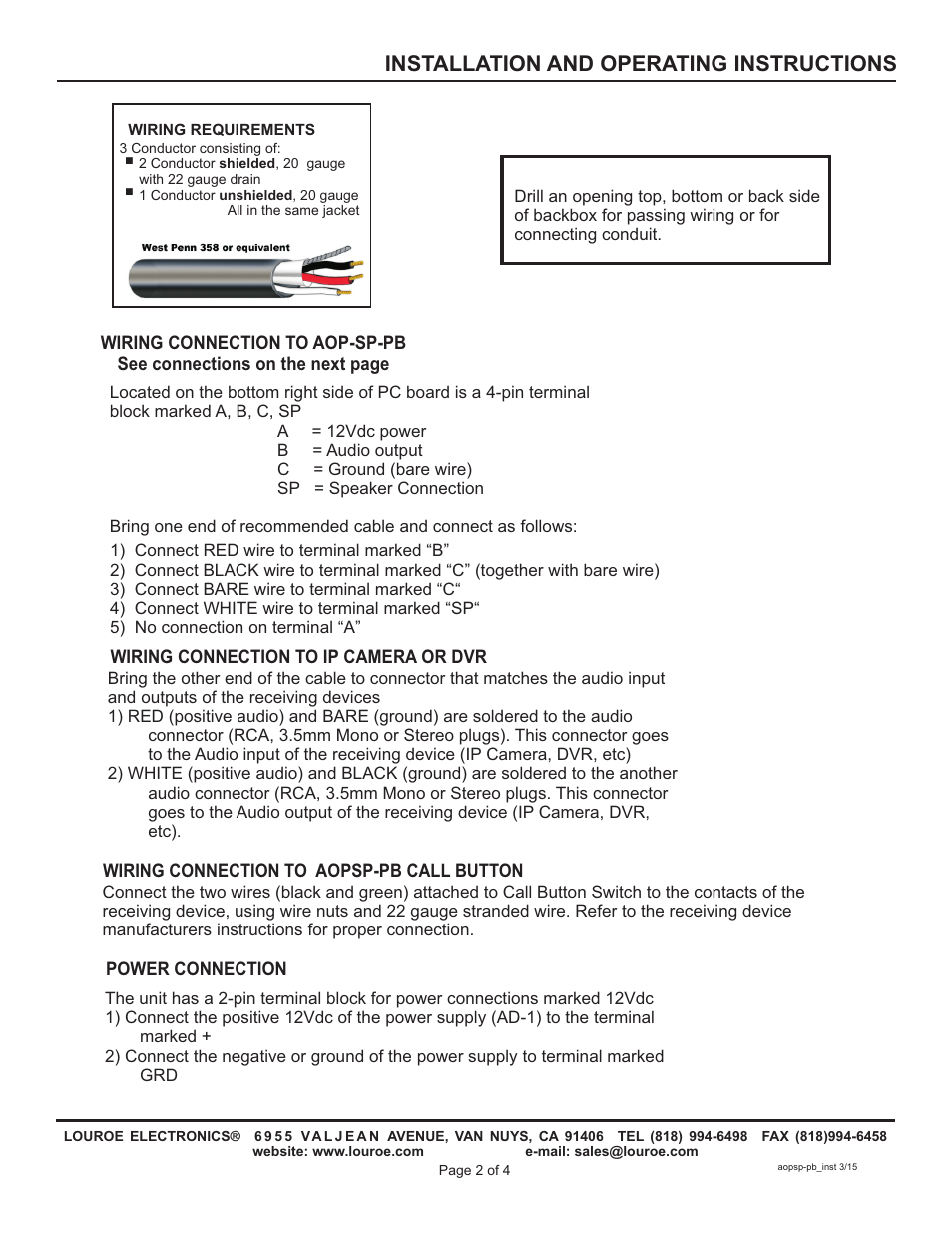 Installation and operating instructions | Louroe Electronics AOPSP-PB User Manual | Page 2 / 4