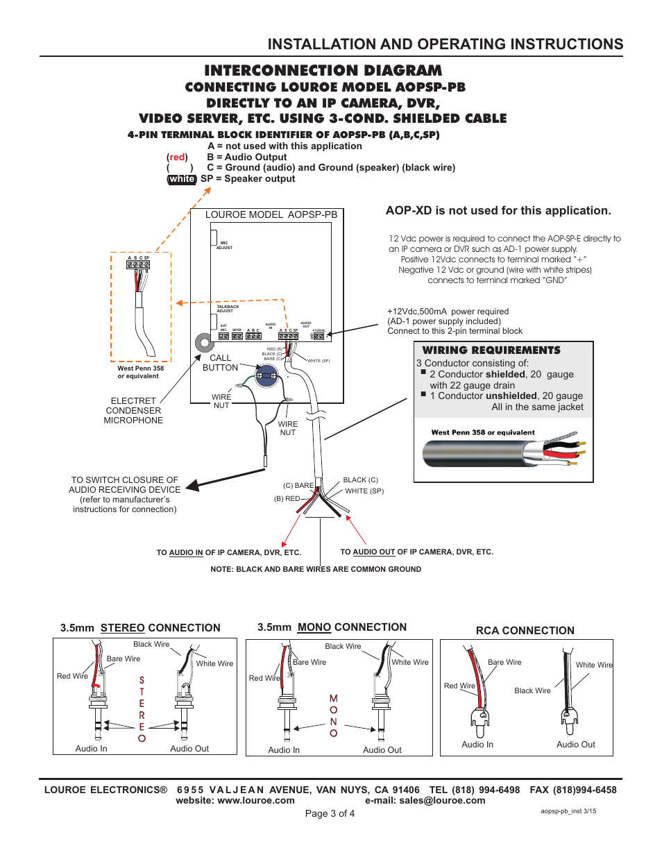 Interconnection diagram, Installation and operating instructions, Aop-xd is not used for this application | Wiring requirements | Louroe Electronics AOPSP-PB User Manual | Page 3 / 4
