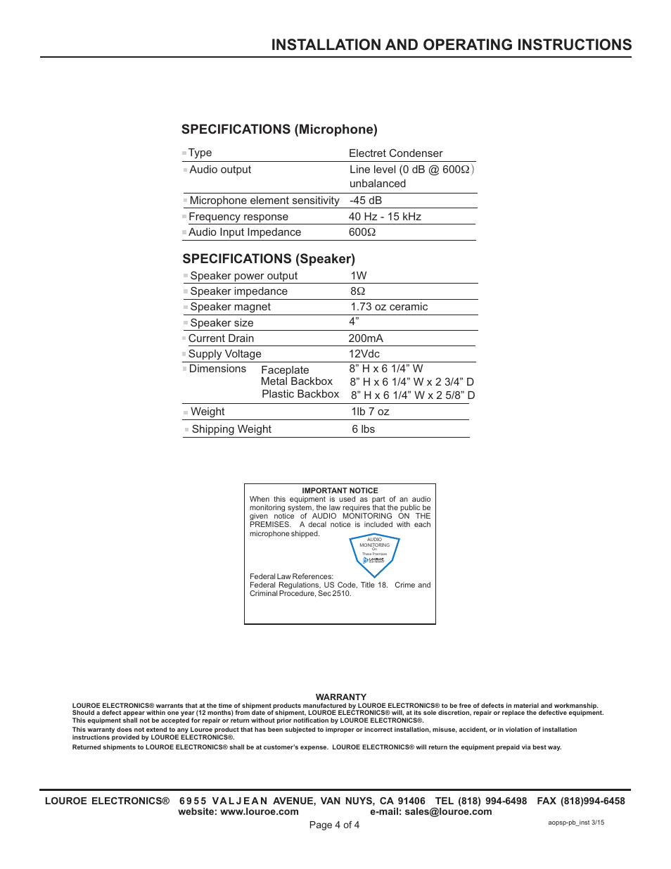 Installation and operating instructions, Specifications (microphone), Specifications (speaker) | Louroe Electronics AOPSP-PB User Manual | Page 4 / 4