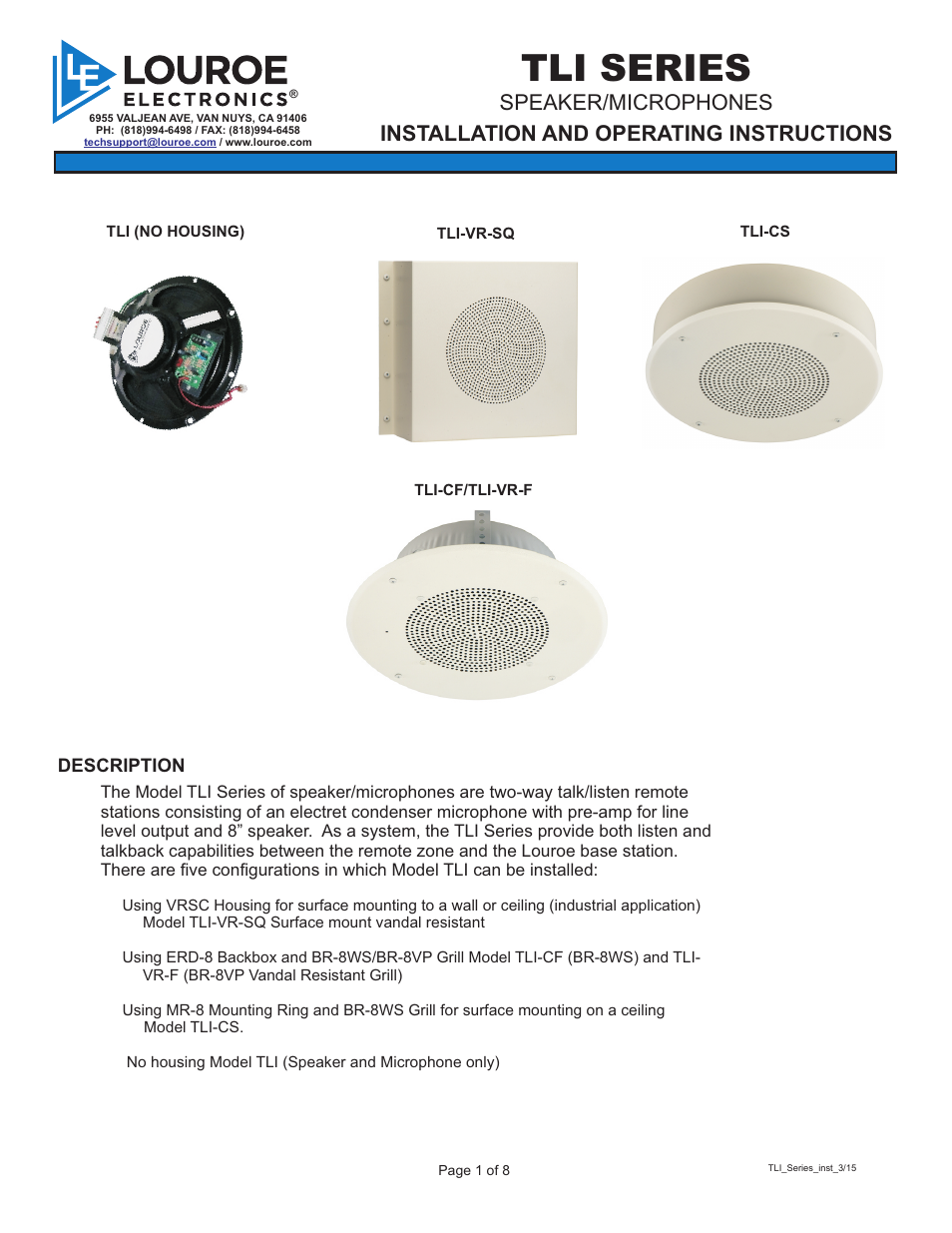 Louroe Electronics TLI Series User Manual | 8 pages