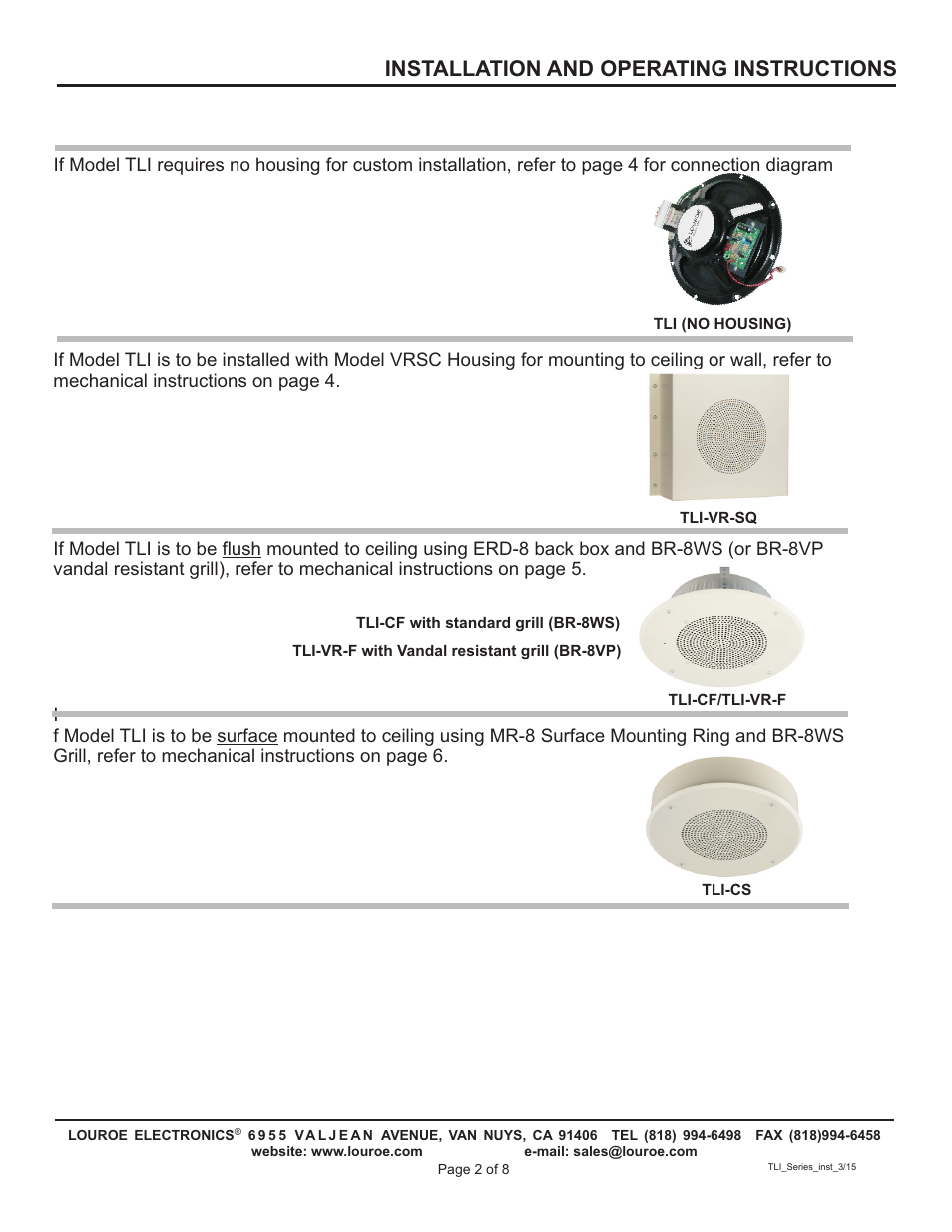 Installation and operating instructions | Louroe Electronics TLI Series User Manual | Page 2 / 8