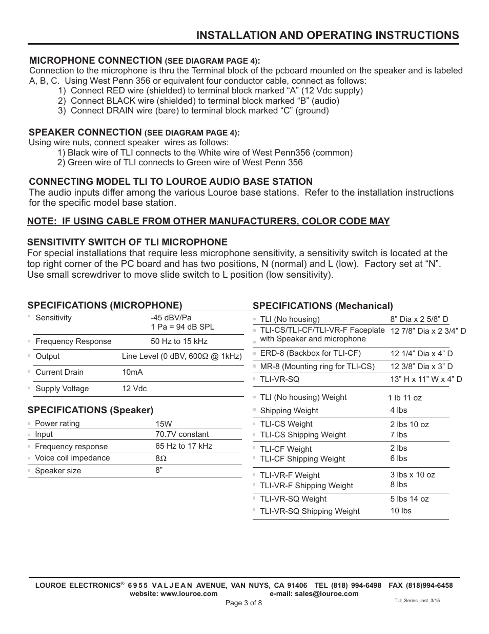 Installation and operating instructions | Louroe Electronics TLI Series User Manual | Page 3 / 8