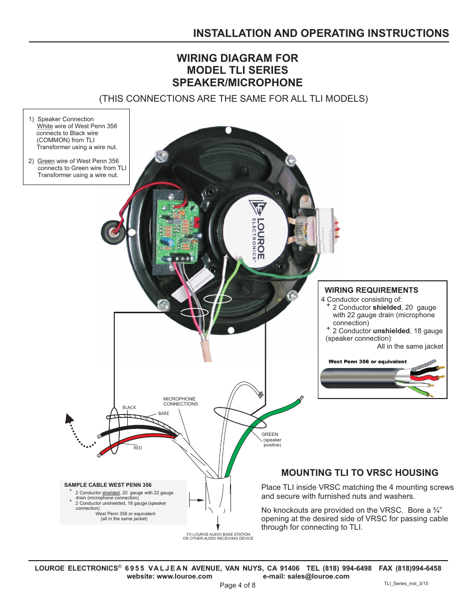 Installation and operating instructions, Mounting tli to vrsc housing, This connections are the same for all tli models) | Louroe Electronics TLI Series User Manual | Page 4 / 8
