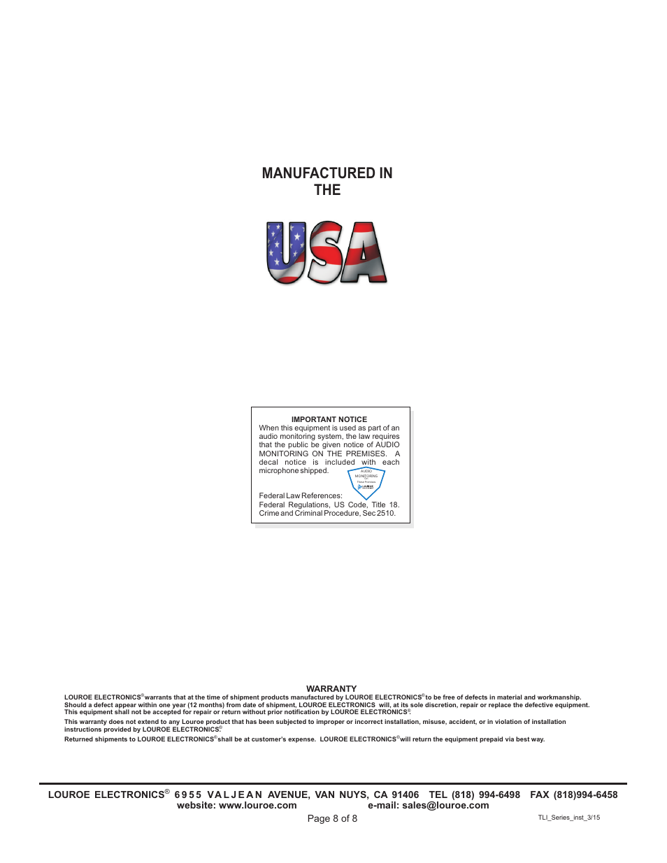 Manufactured in the | Louroe Electronics TLI Series User Manual | Page 8 / 8