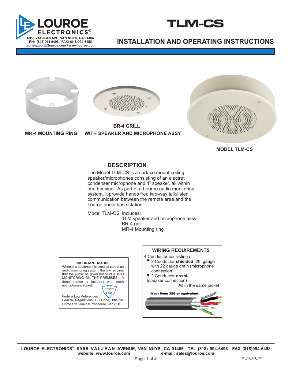 Louroe Electronics TLM-CS User Manual | 4 pages