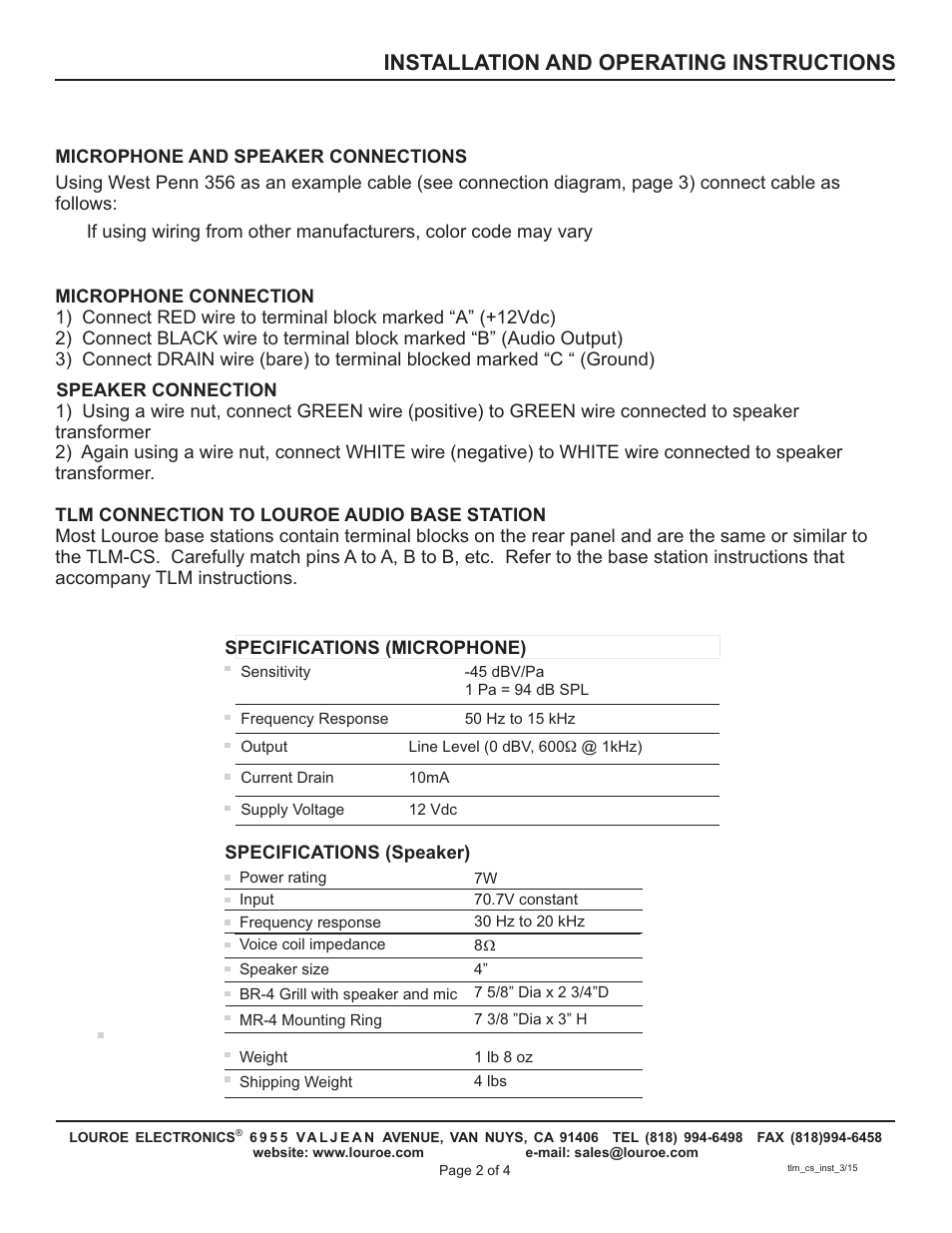 Installation and operating instructions | Louroe Electronics TLM-CS User Manual | Page 2 / 4