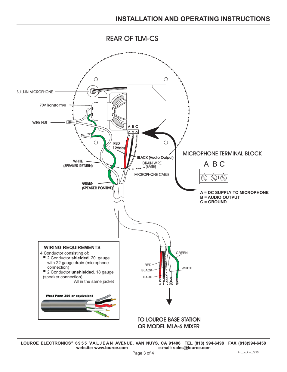 A b c, Rear of tlm-cs, Installation and operating instructions | Microphone terminal block | Louroe Electronics TLM-CS User Manual | Page 3 / 4