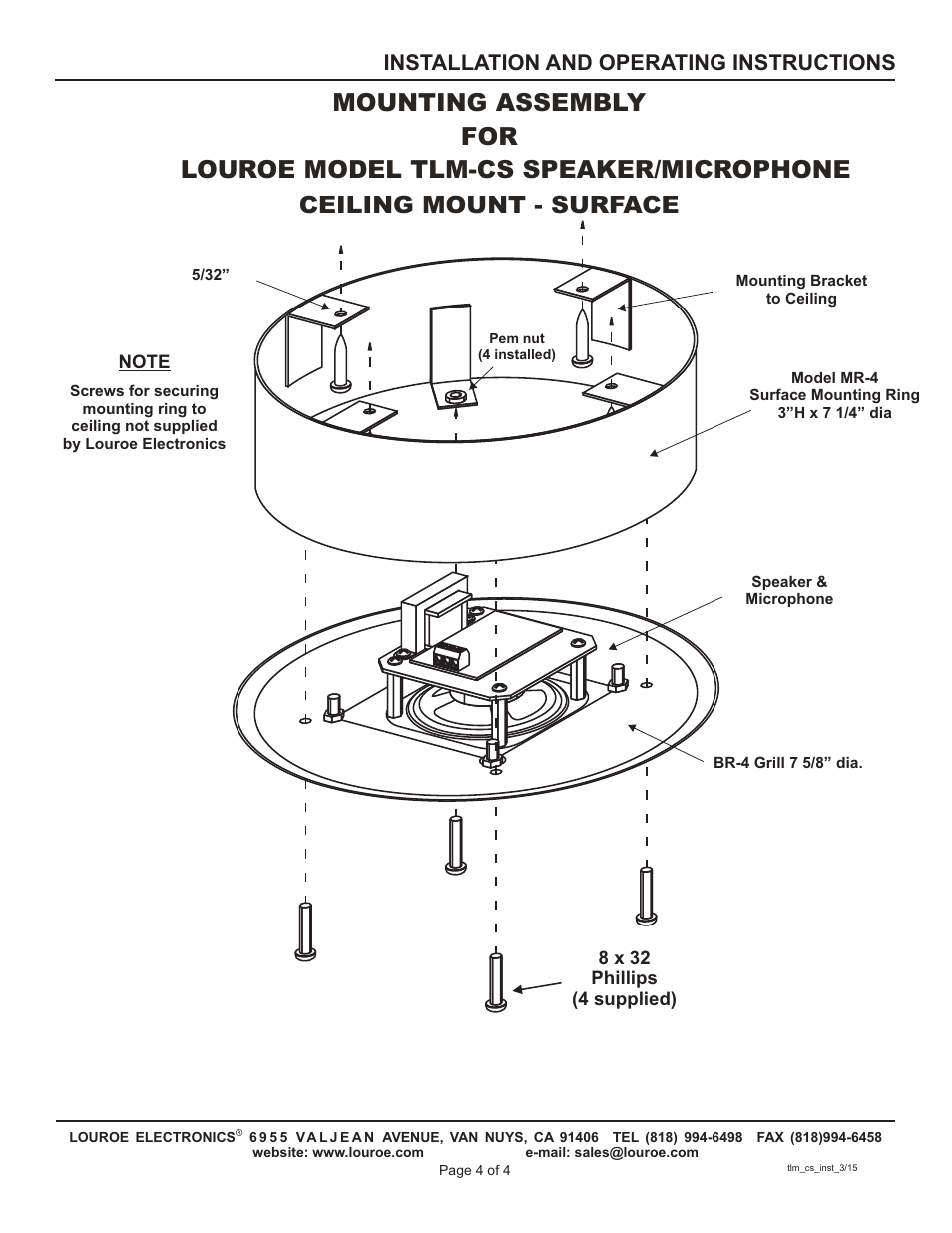 Ceiling mount - surface, Installation and operating instructions | Louroe Electronics TLM-CS User Manual | Page 4 / 4