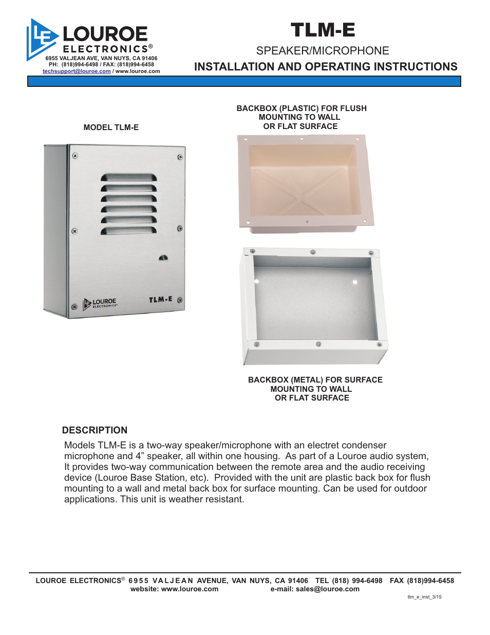 Louroe Electronics TLM-E User Manual | 8 pages