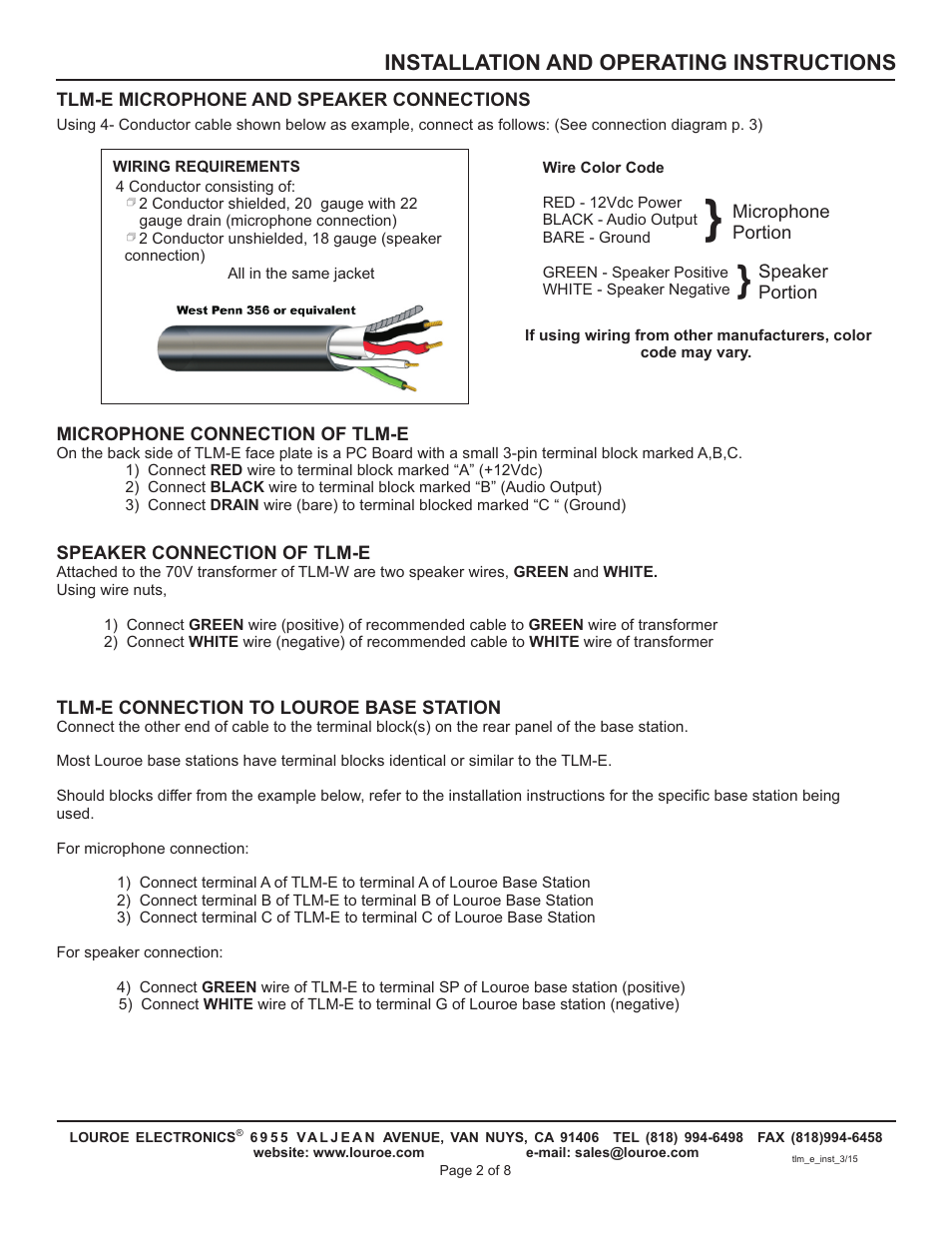 Installation and operating instructions | Louroe Electronics TLM-E User Manual | Page 2 / 8