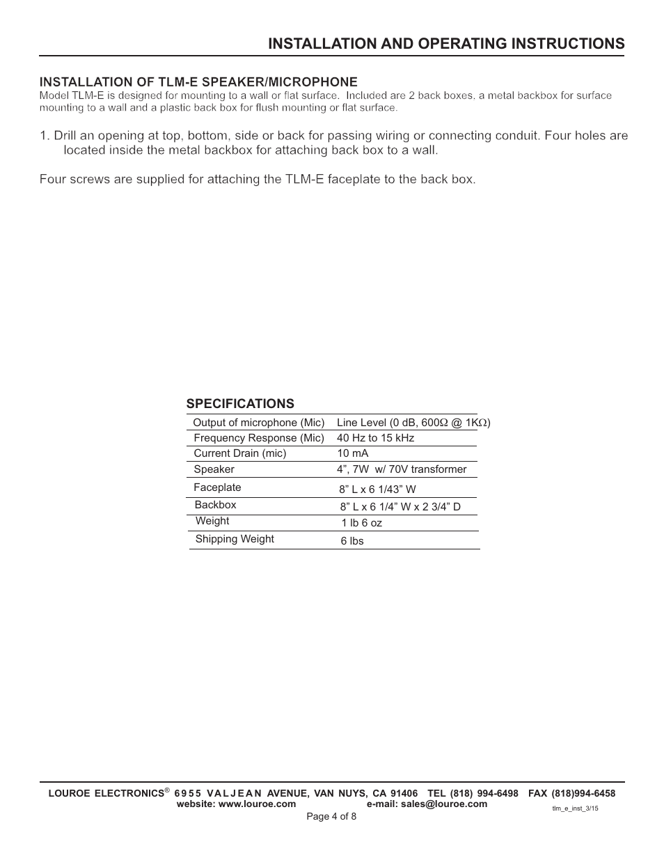 Installation and operating instructions | Louroe Electronics TLM-E User Manual | Page 4 / 8