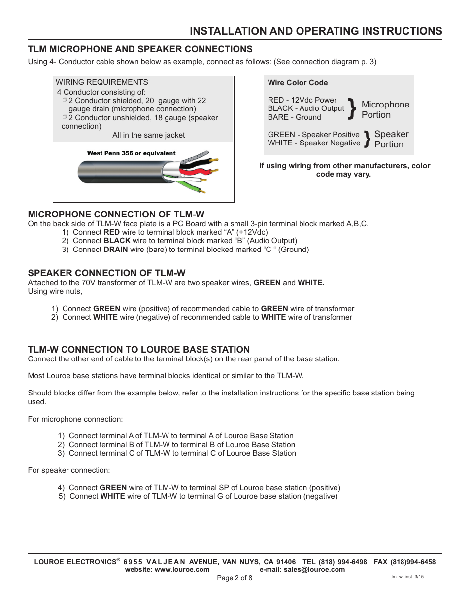 Installation and operating instructions | Louroe Electronics TLM-W User Manual | Page 2 / 8