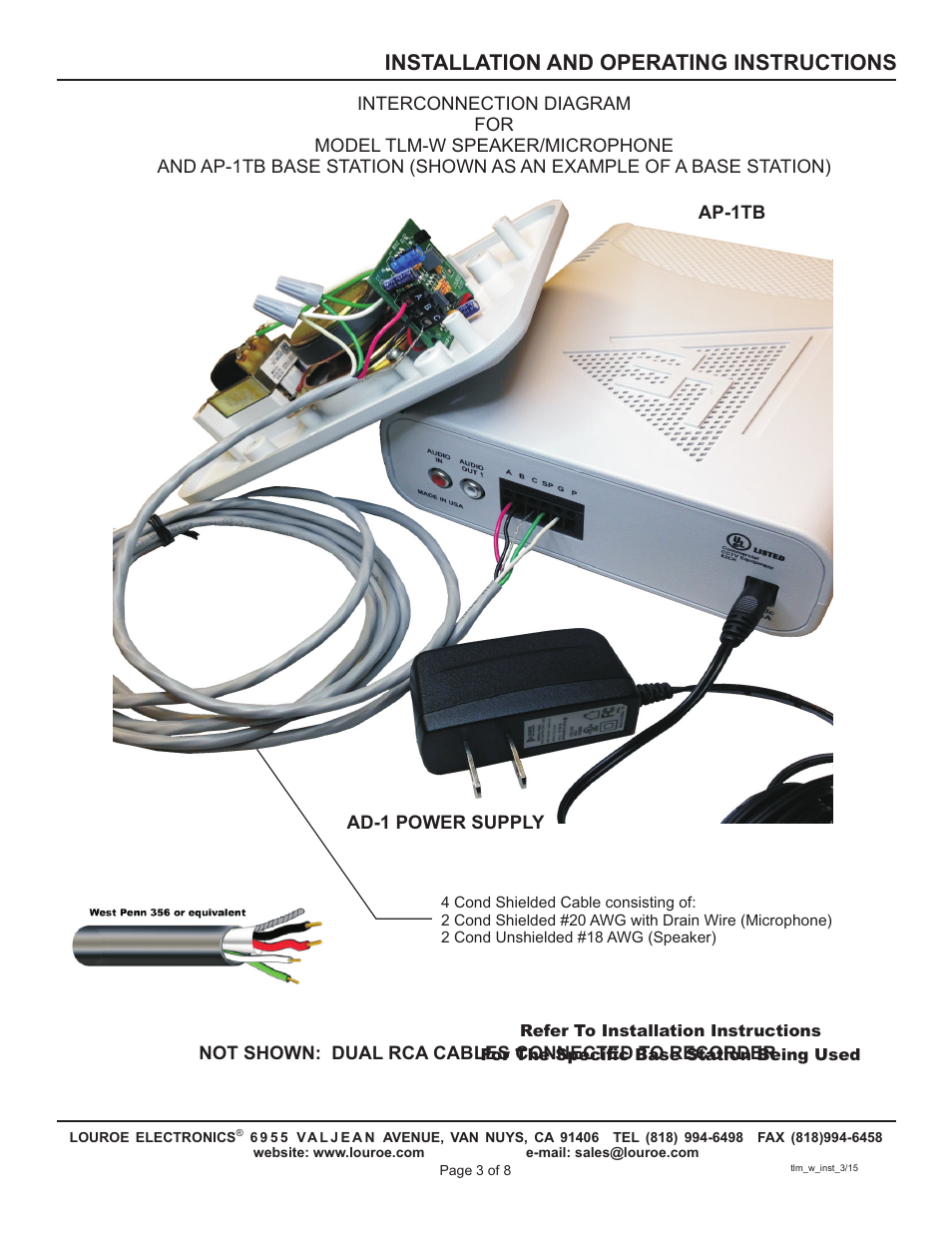 Installation and operating instructions | Louroe Electronics TLM-W User Manual | Page 3 / 8