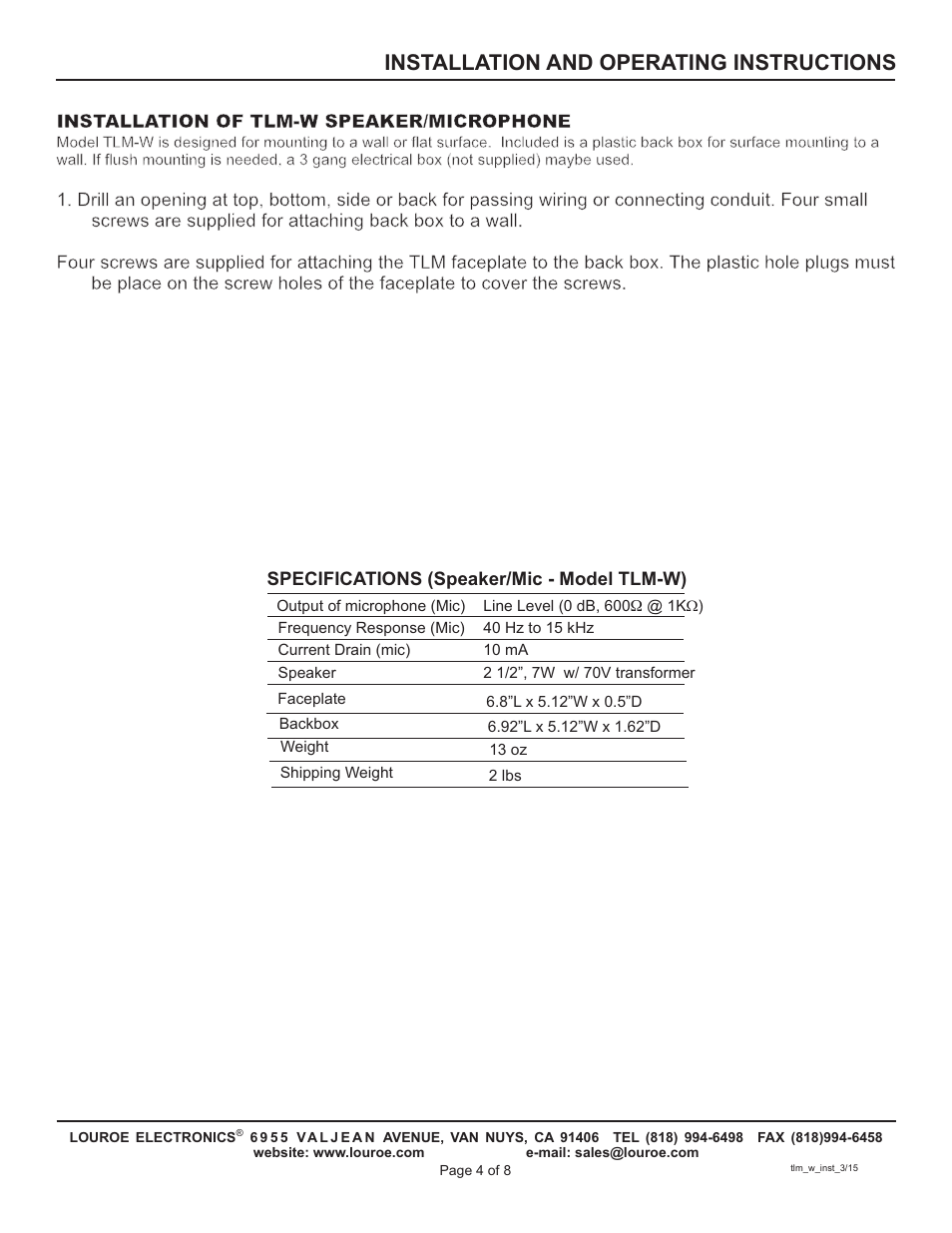 Installation and operating instructions | Louroe Electronics TLM-W User Manual | Page 4 / 8