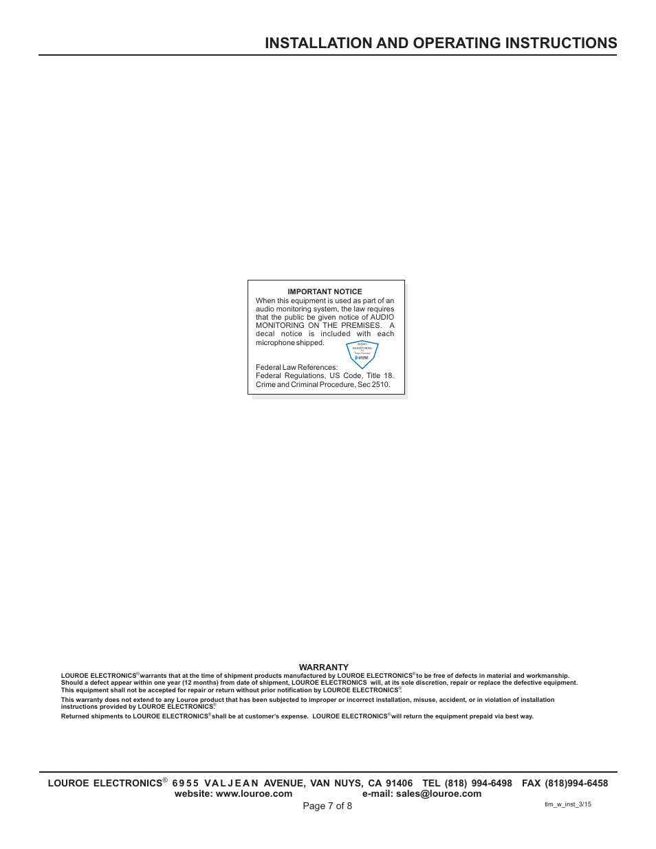 Installation and operating instructions | Louroe Electronics TLM-W User Manual | Page 7 / 8