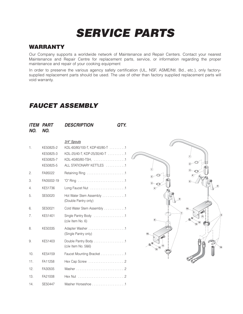 Service parts, Faucet assembly, Warranty | Item part description qty. no. no | Cleveland Range KDL-SH User Manual | Page 10 / 19