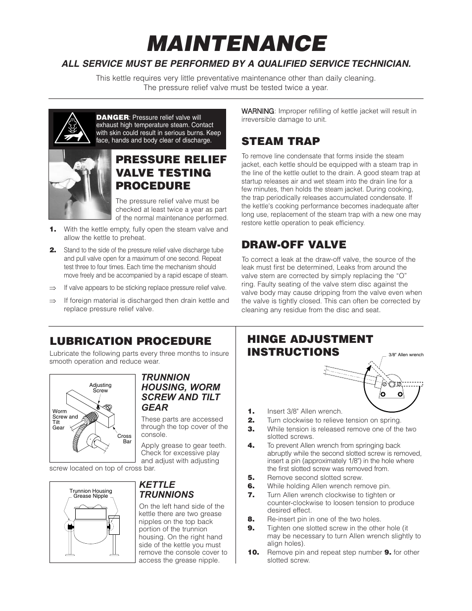 Maintenance, Pressure relief valve testing procedure, Steam trap | Draw-off valve, Lubrication procedure, Hinge adjustment instructions | Cleveland Range KDL-SH User Manual | Page 18 / 19