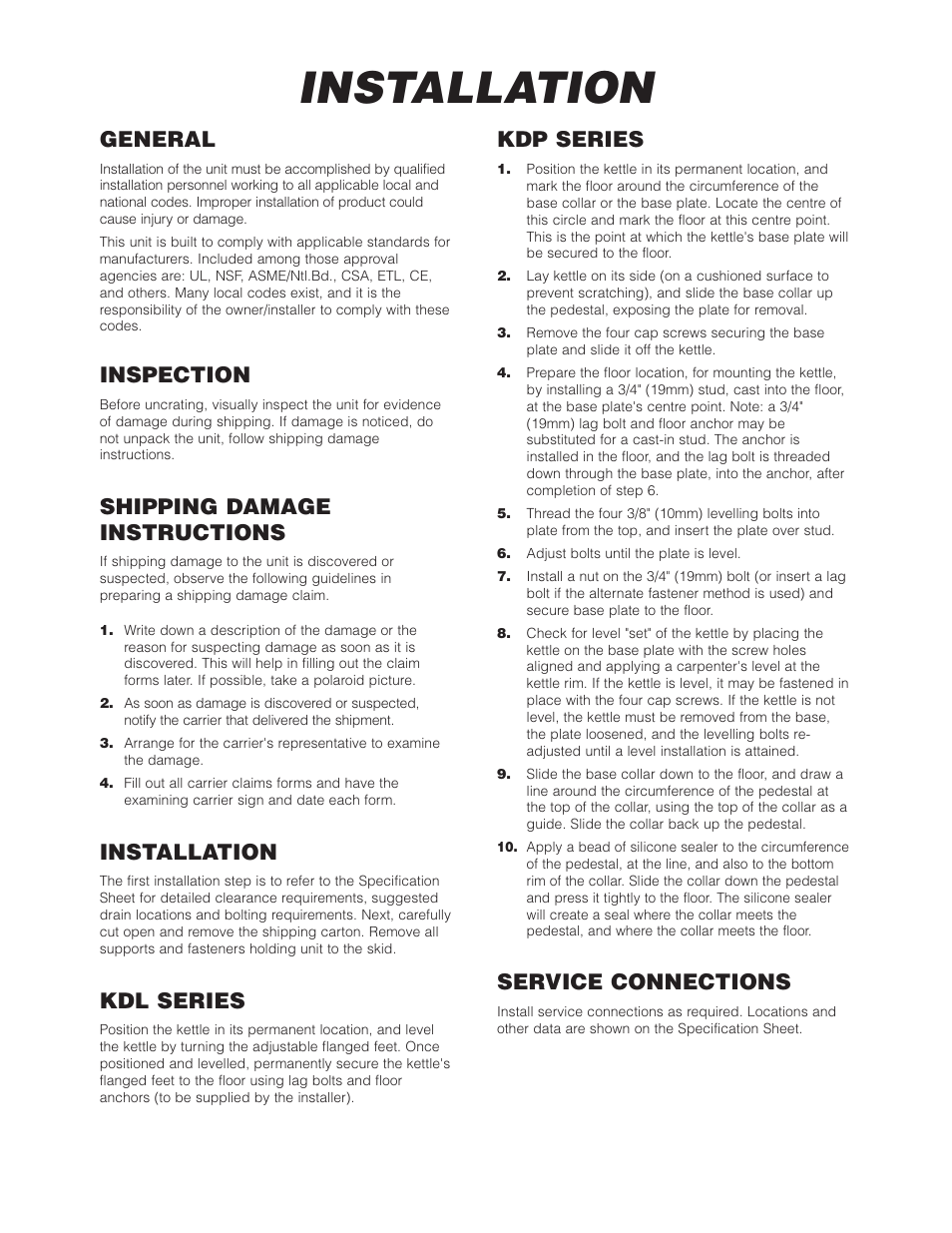 General, Inspection, Shipping damage instructions | Installation, Kdl series, Kdp series, Service connections | Cleveland Range KDL-SH User Manual | Page 3 / 19