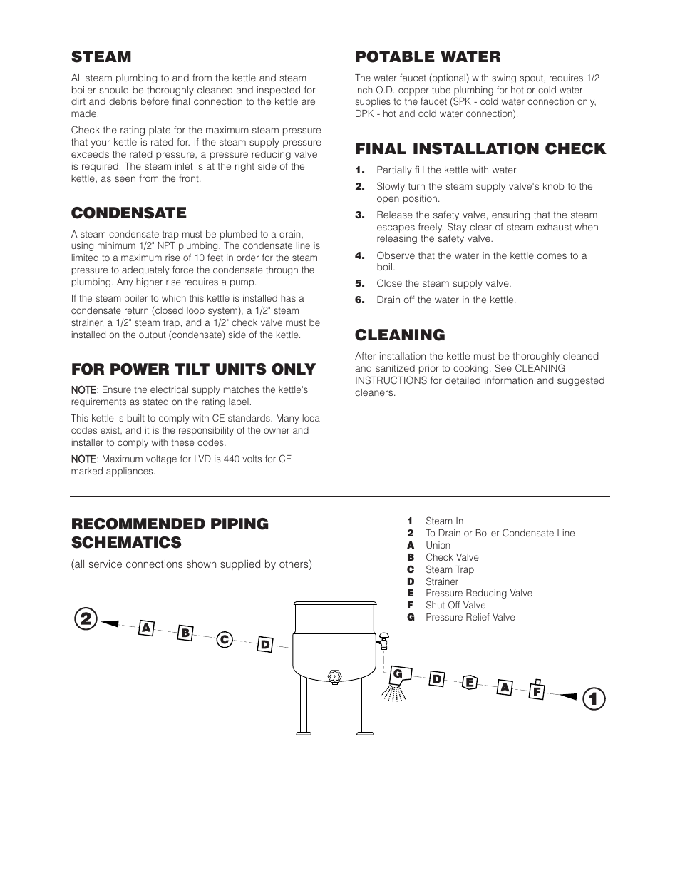 Steam, Condensate, For power tilt units only | Potable water, Final installation check, Cleaning, Recommended piping schematics | Cleveland Range KDL-SH User Manual | Page 4 / 19