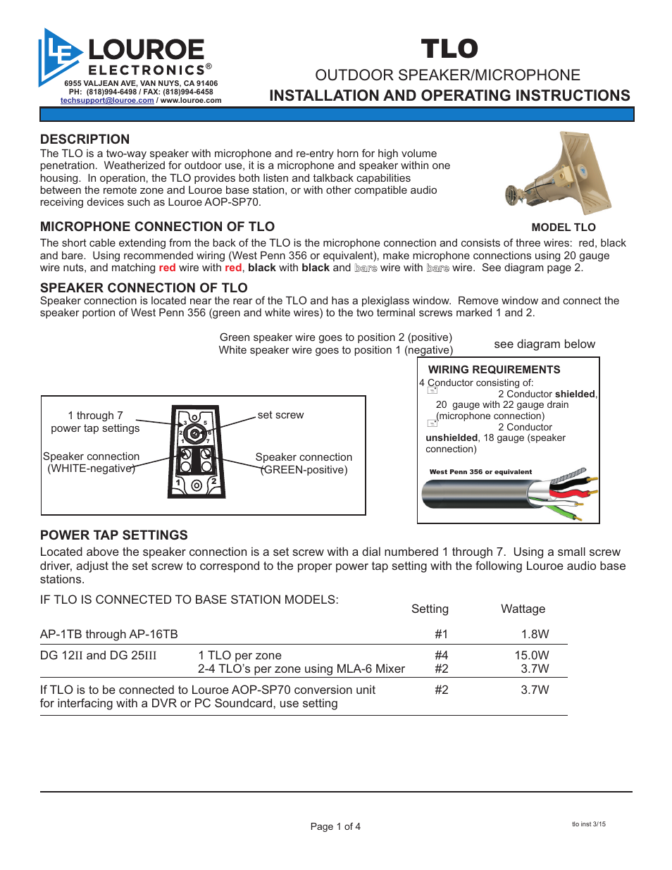 Louroe Electronics TLO User Manual | 4 pages