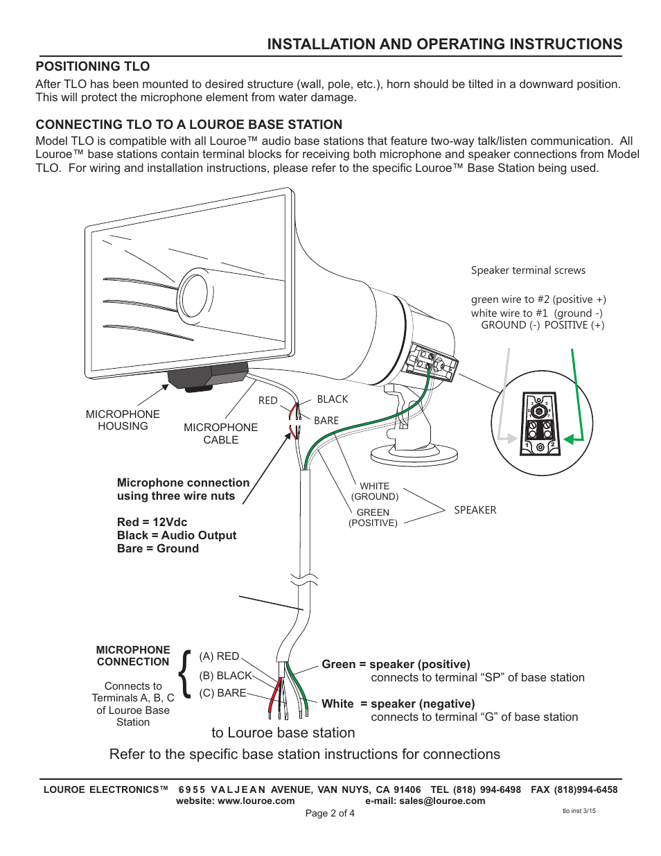 Installation and operating instructions | Louroe Electronics TLO User Manual | Page 2 / 4