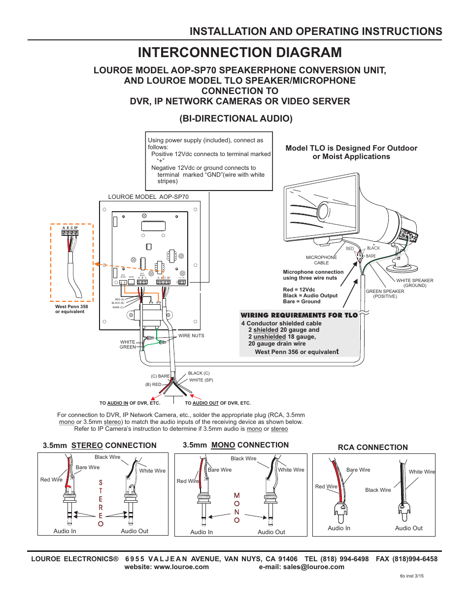 Interconnection diagram, Installation and operating instructions | Louroe Electronics TLO User Manual | Page 3 / 4