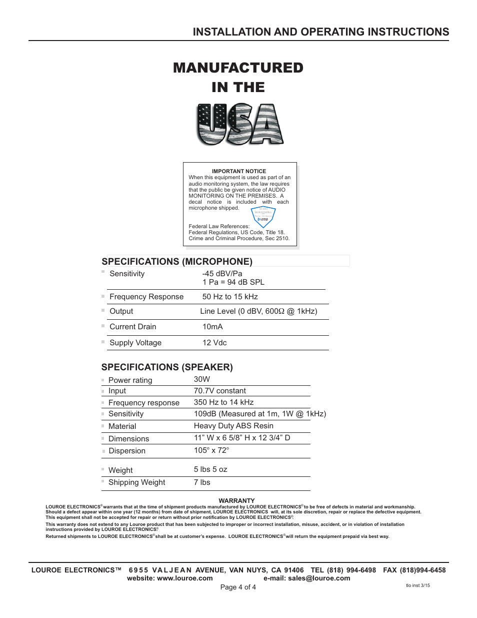 Manufactured in the, Installation and operating instructions, Specifications (microphone) | Specifications (speaker) | Louroe Electronics TLO User Manual | Page 4 / 4