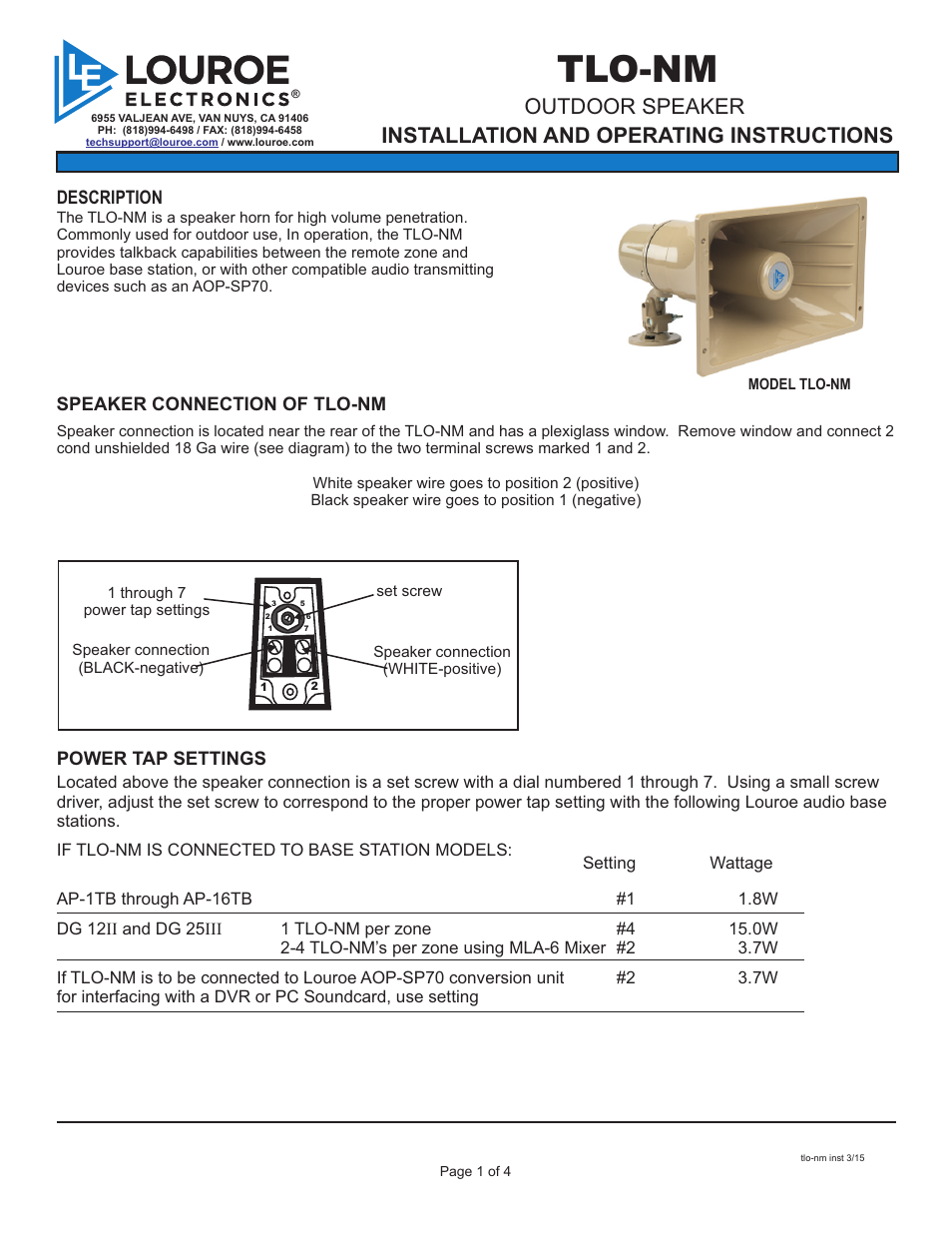 Louroe Electronics TLO-NM User Manual | 4 pages