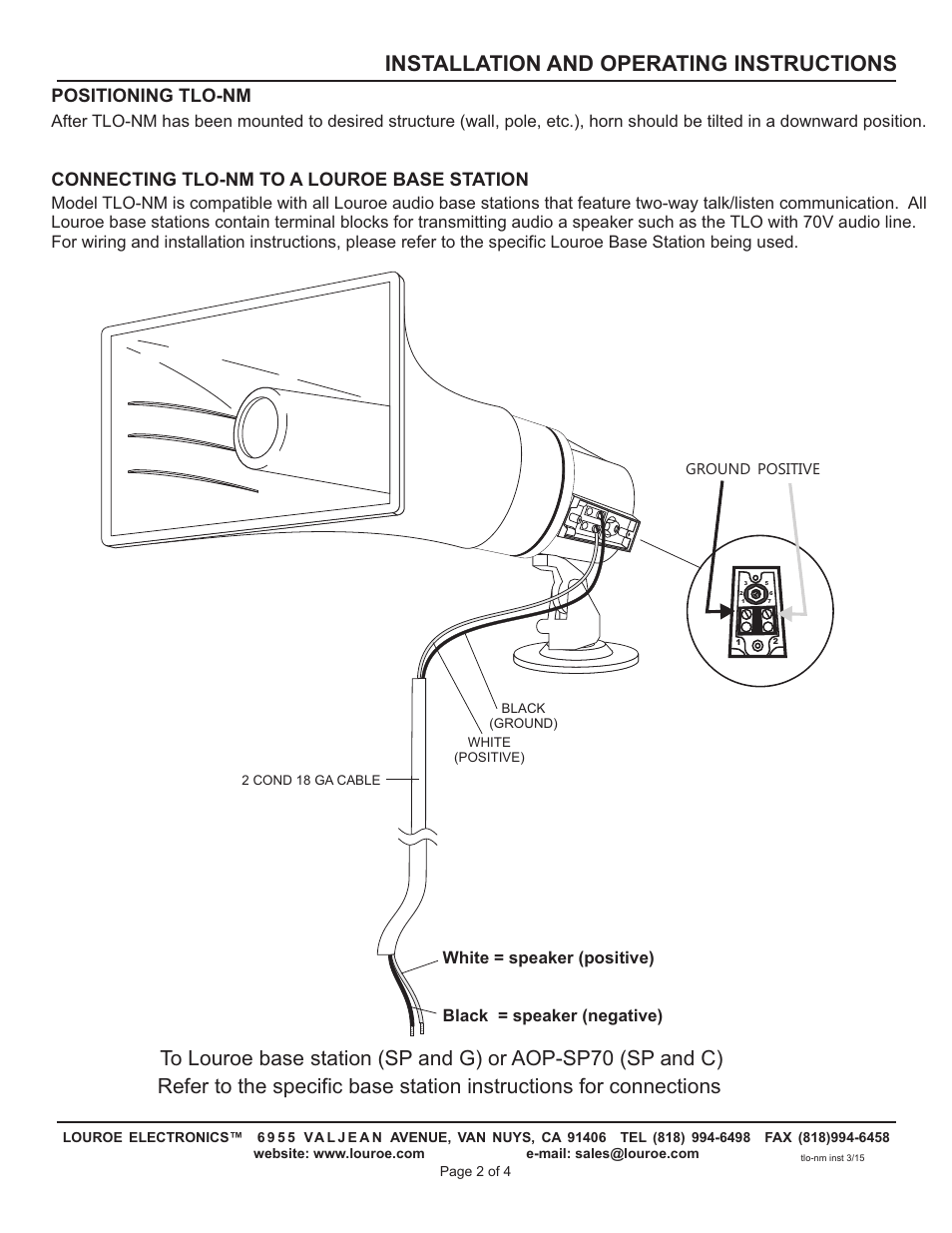 Installation and operating instructions | Louroe Electronics TLO-NM User Manual | Page 2 / 4