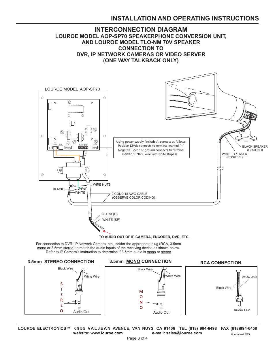 Interconnection diagram, Installation and operating instructions | Louroe Electronics TLO-NM User Manual | Page 3 / 4