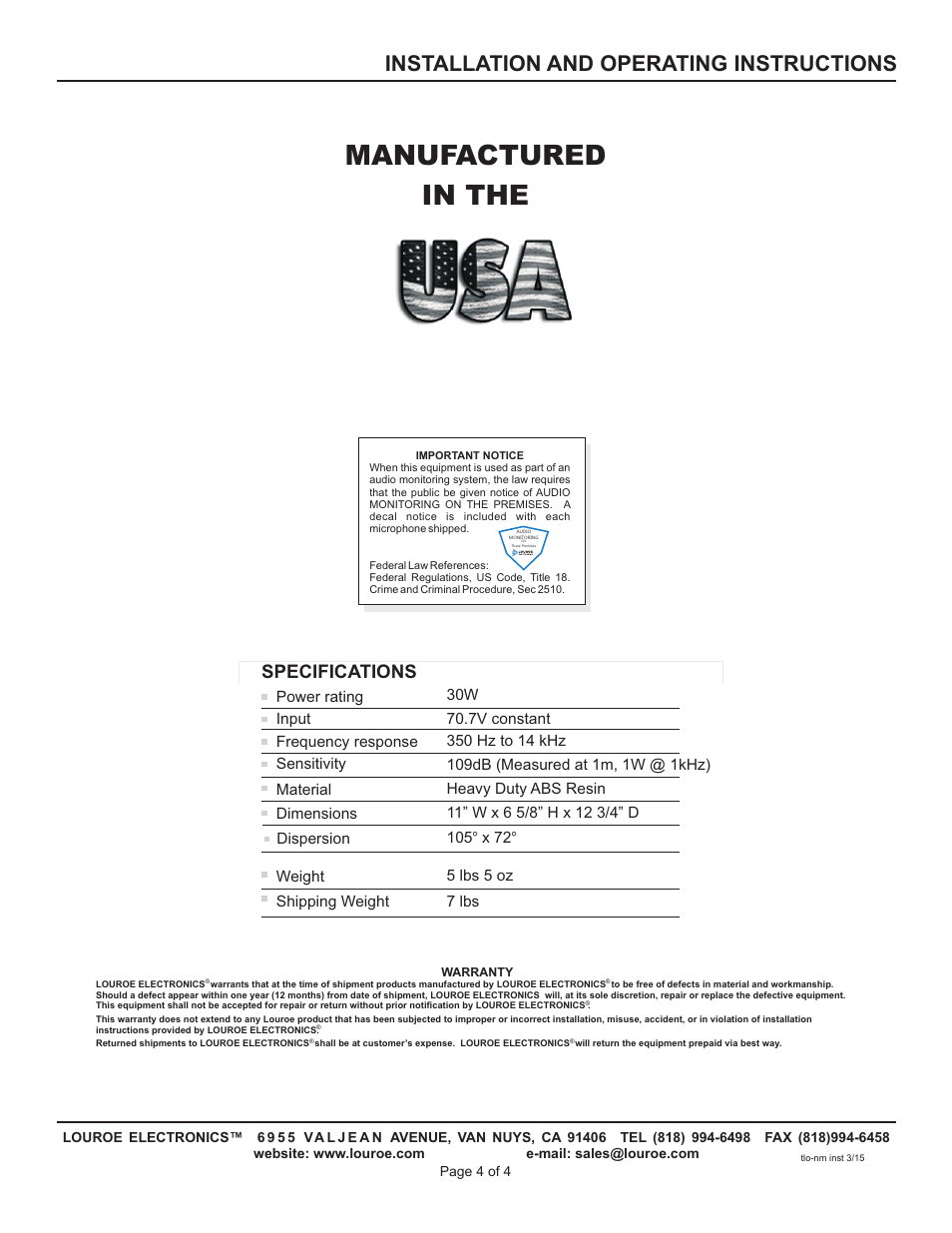 Manufactured in the, Installation and operating instructions, Specifications | Louroe Electronics TLO-NM User Manual | Page 4 / 4