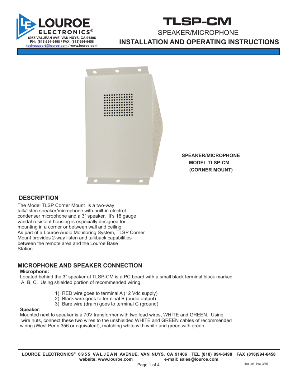 Louroe Electronics TLSP-CM User Manual | 4 pages