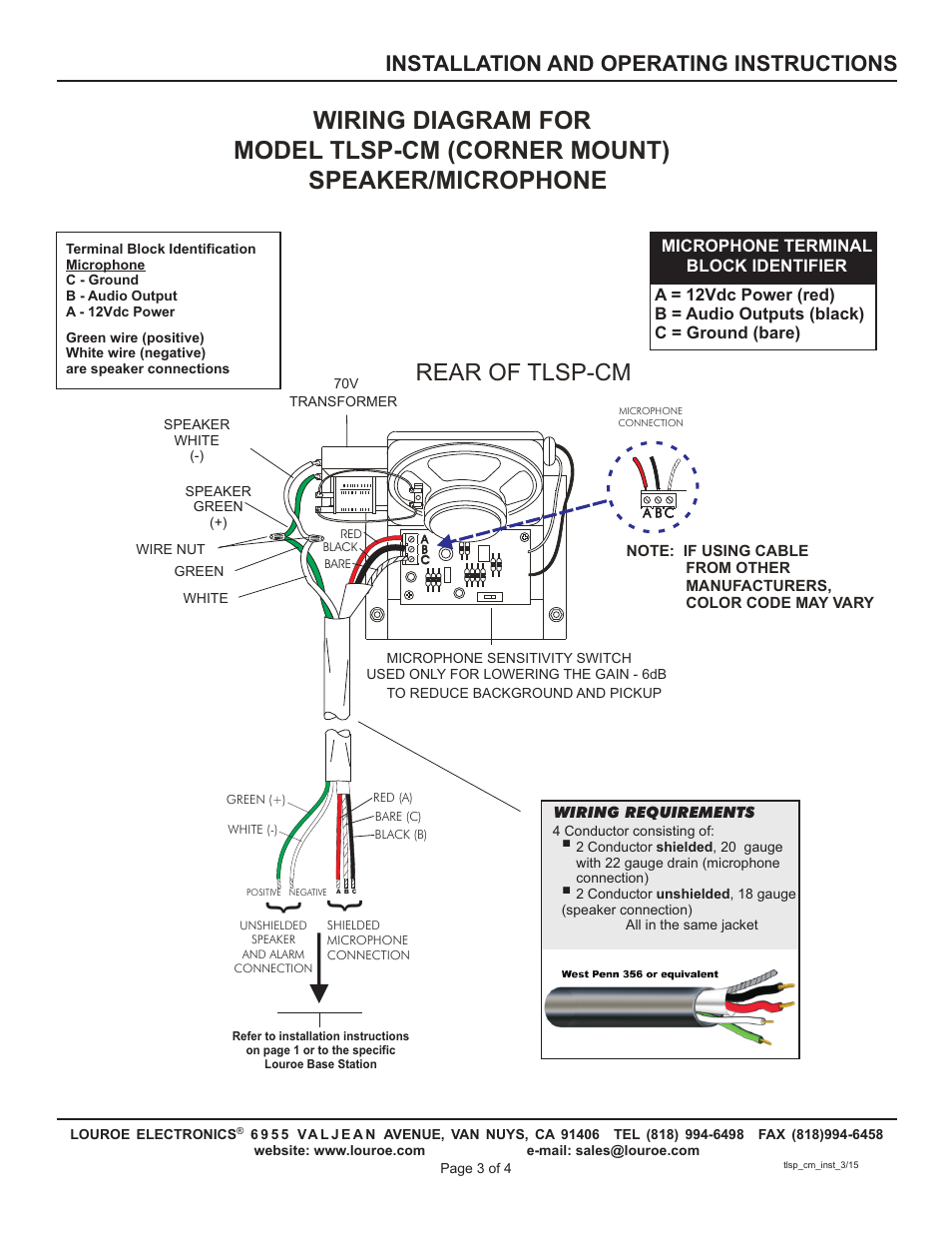 Rear of tlsp-cm, Installation and operating instructions | Louroe Electronics TLSP-CM User Manual | Page 3 / 4