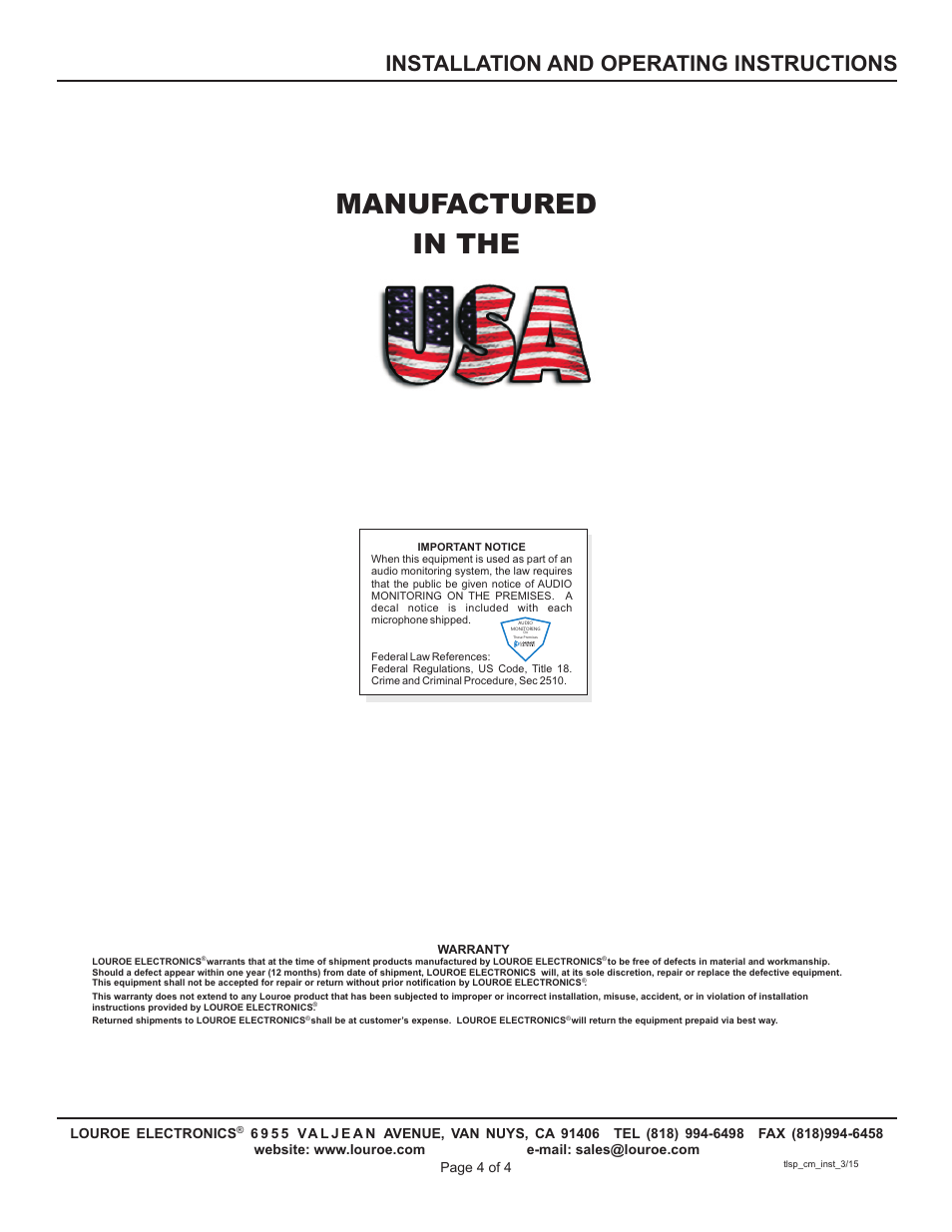 Manufactured in the, Installation and operating instructions | Louroe Electronics TLSP-CM User Manual | Page 4 / 4