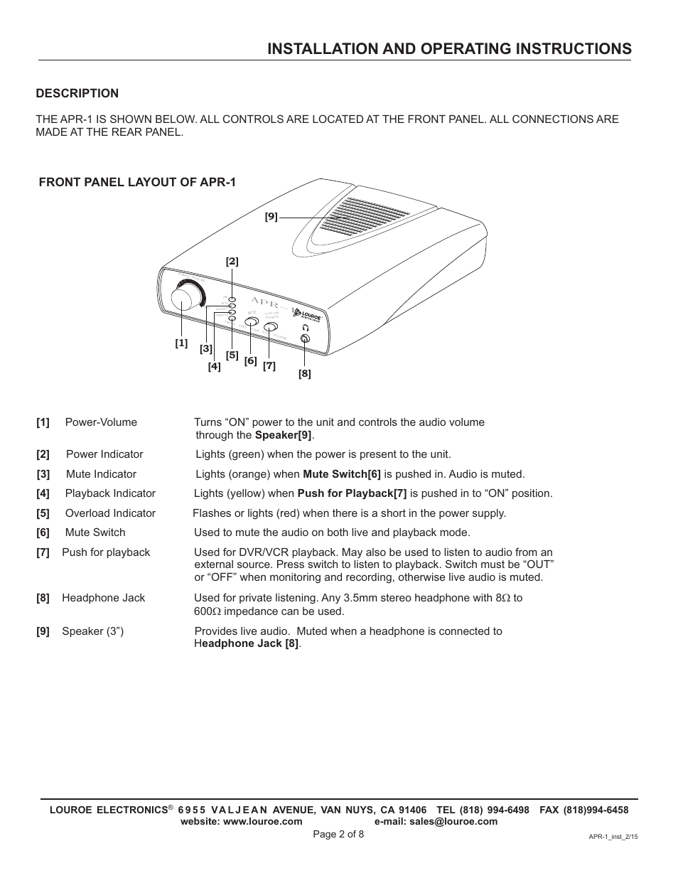 Installation and operating instructions, Description, Front panel layout of apr-1 | Louroe Electronics APR-1 User Manual | Page 2 / 8