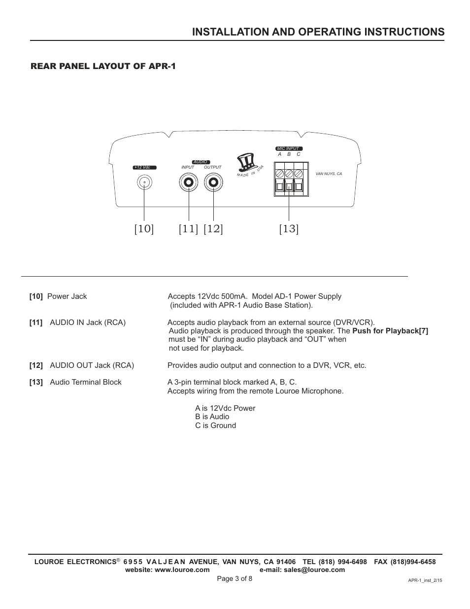 Installation and operating instructions, Rear panel layout of apr-1 | Louroe Electronics APR-1 User Manual | Page 3 / 8