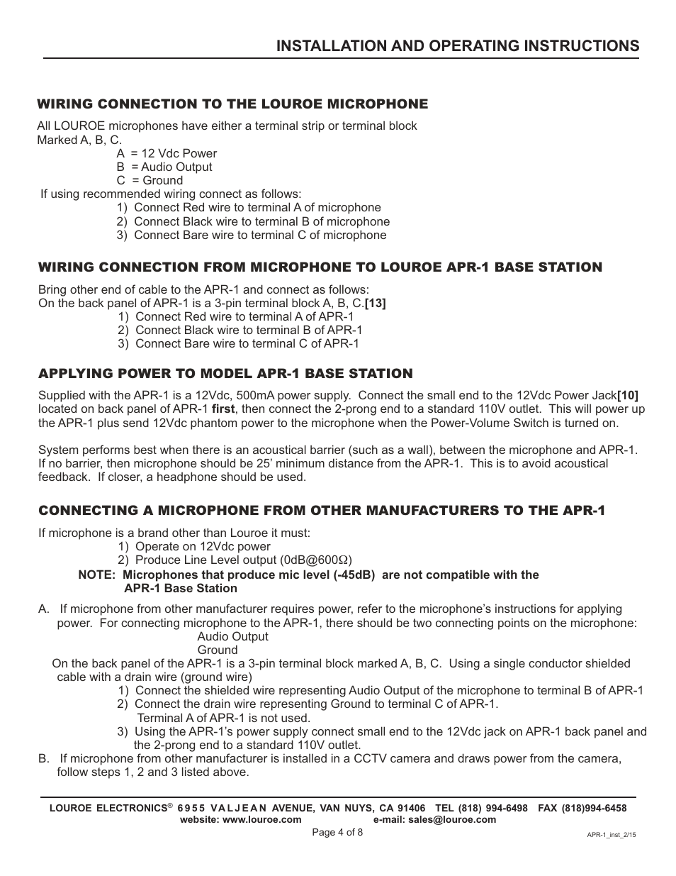 Installation and operating instructions | Louroe Electronics APR-1 User Manual | Page 4 / 8