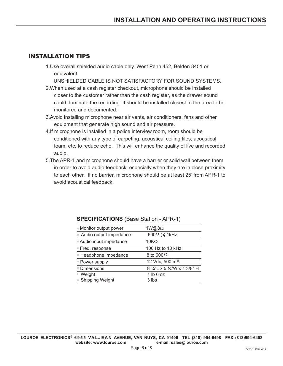 Installation and operating instructions | Louroe Electronics APR-1 User Manual | Page 6 / 8