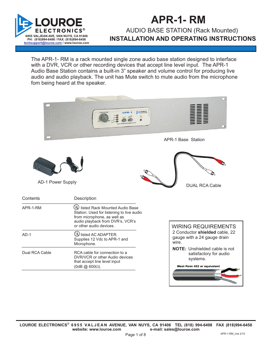 Louroe Electronics APR-1-RM User Manual | 8 pages
