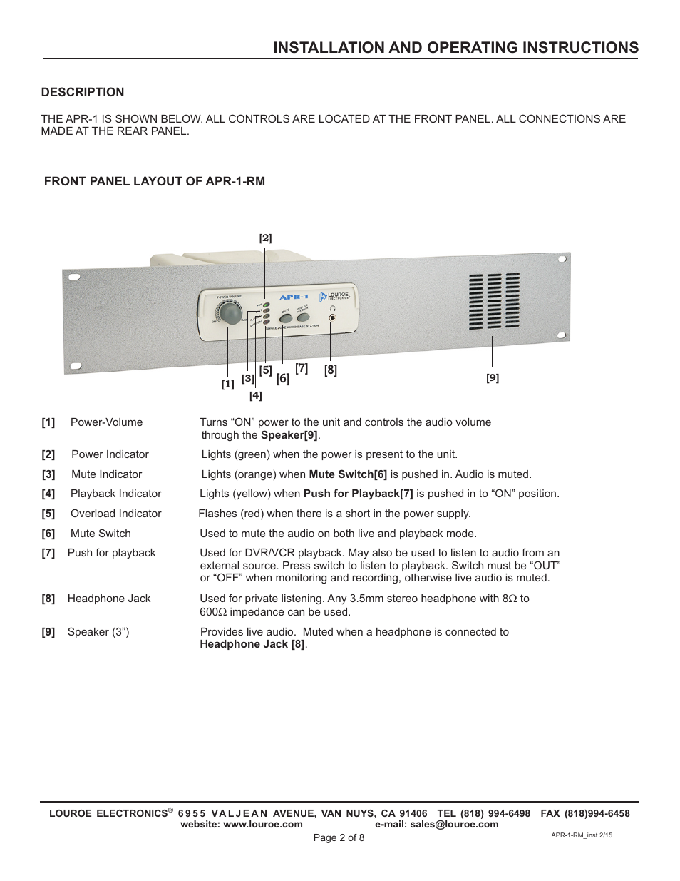 Installation and operating instructions | Louroe Electronics APR-1-RM User Manual | Page 2 / 8