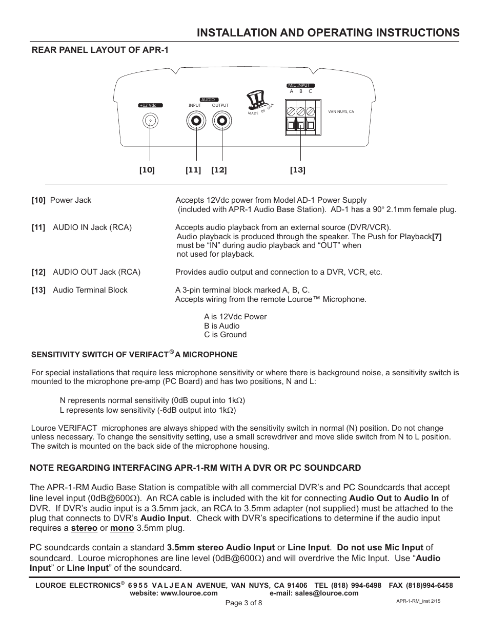 Installation and operating instructions, Rear panel layout of apr-1 | Louroe Electronics APR-1-RM User Manual | Page 3 / 8