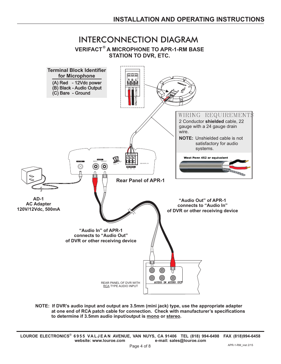 Interconnection diagram, Installation and operating instructions, Wiring requirements | Rear panel of apr-1, Terminal block identifier for microphone | Louroe Electronics APR-1-RM User Manual | Page 4 / 8
