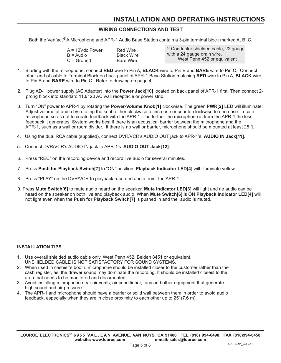 Installation and operating instructions | Louroe Electronics APR-1-RM User Manual | Page 5 / 8