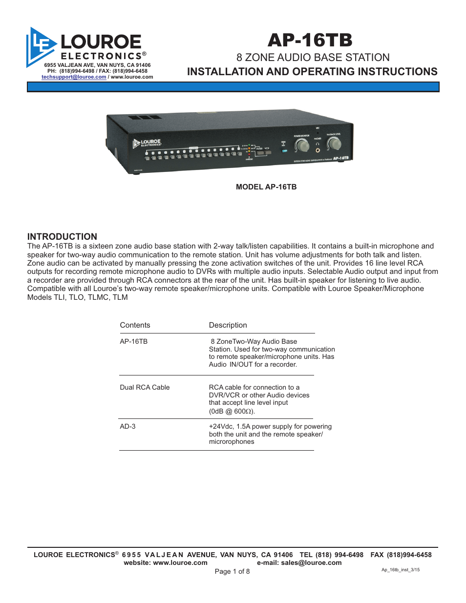 Louroe Electronics AP-16TB User Manual | 8 pages