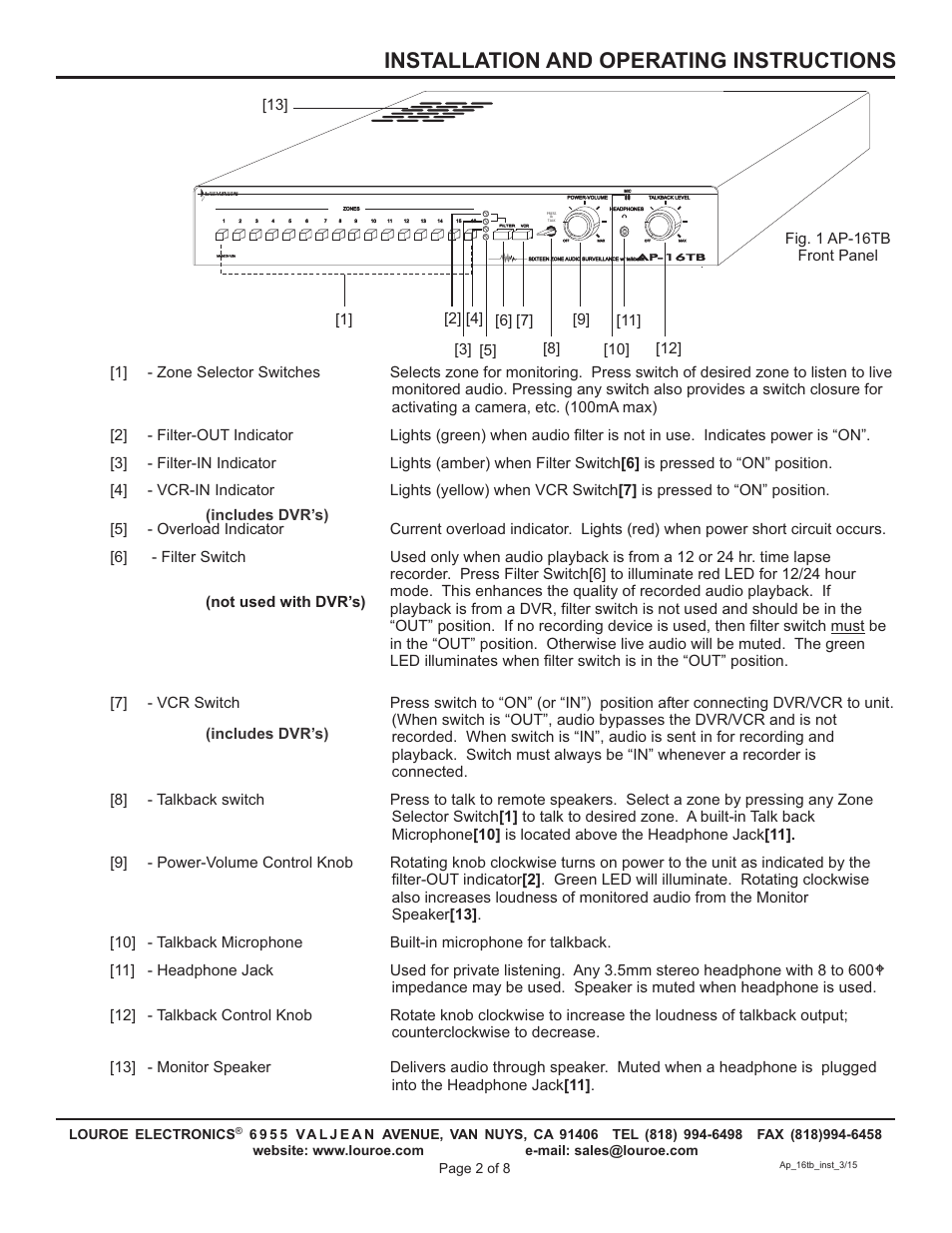 Installation and operating instructions | Louroe Electronics AP-16TB User Manual | Page 2 / 8